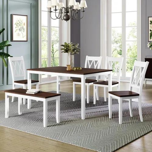 Vista 23 de Juego de mesa de comedor de madera de 6 piezas, juego de mesa de cocina con rectangular, juego de mesa de comedor con banco tapizado y 4 sillas