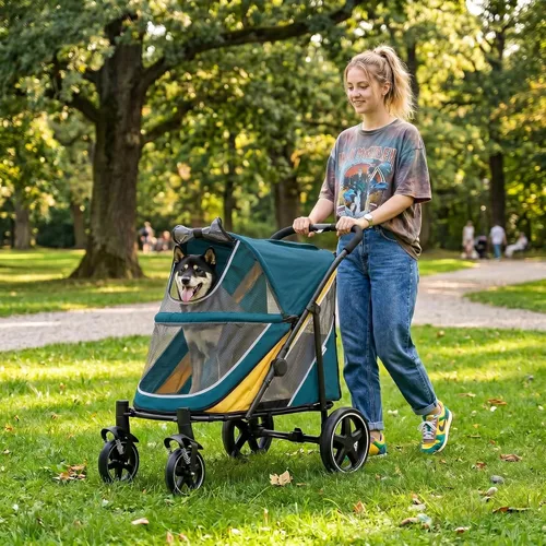 Vista 9 de Cochecito para perros medianos y grandes, plegable con un solo clic, cochecito para mascotas extra grande para 2 perros con bolsillo