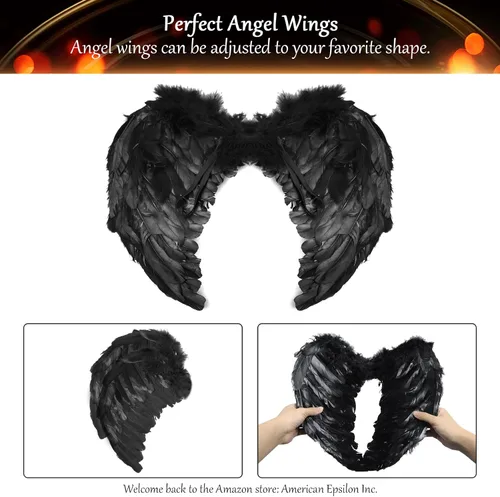 Vista 4 de EPN Diadema de alas de ángel y halo para niñas disfraces de Halloween disfraz de plumas fiesta de cosplay elegante para niñas y mujeres color negro