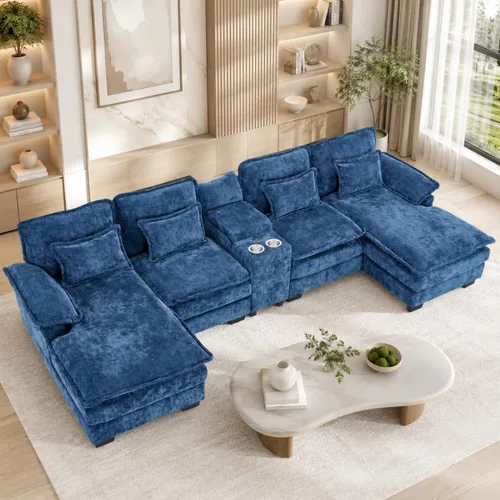 Vista 17 de Sofá modular en forma de U de 132 pulgadas, sofá modular para sala de estar, sofá moderno de pana de felpa de gran tamaño con consola central Negro