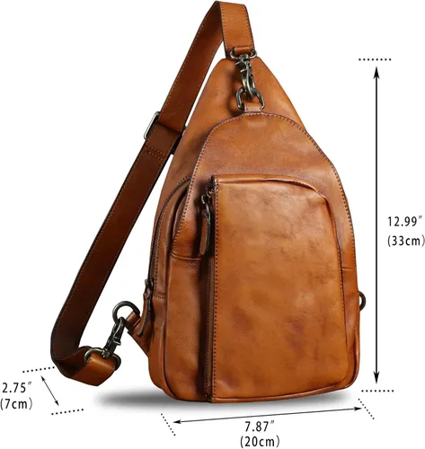 Vista 5 de Bolso bandolera de cuero genuino para hombres y mujeres, mochila vintage de cuero real, bolsa cruzada de hombro, bolsa de pecho