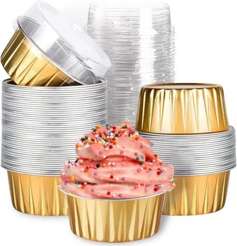 Vista 11 de Mini tazas de papel de aluminio para hornear cupcakes con tapas (40 piezas, 5 oz), forros redondos de papel de aluminio para cupcakes, moldes