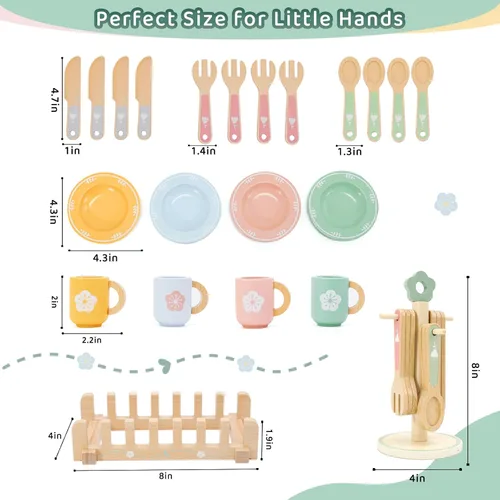 Vista 4 de Accesorios de cocina de madera para niños pequeños de 3 años en adelante, 22 piezas de cocina para niños con lindo estante para cubiertos y estante