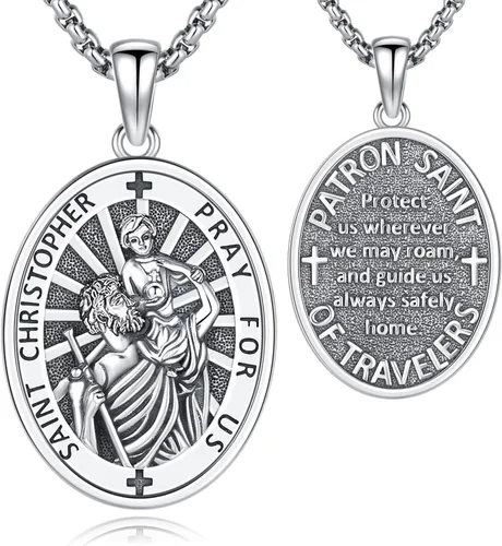 Vista 15 de Aniu 925 Sterling Silver Saint Medal Necklace Religious Amulet Jewelry Gift Concha de abulón - Redondo - Collar de San Cristóbal - H