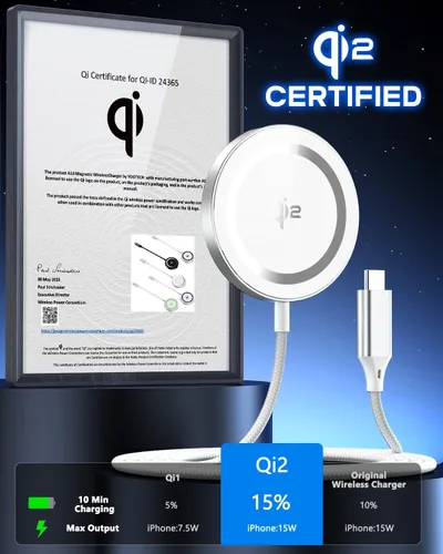 Vista 3 de Yootech para cargador Mag-Safe, almohadilla de carga inalámbrica rápida Qi2 de 15 W Carga magnética certificada Qi2 compatible con iPhone 17/17