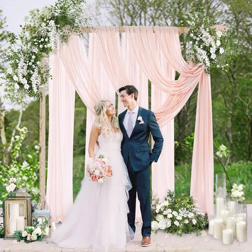 Vista 10 de Cortinas de boda con rosas polvorientas, 2 paneles de 6 yardas, cortinas de fondo transparentes para despedida de soltera, arcos de boda