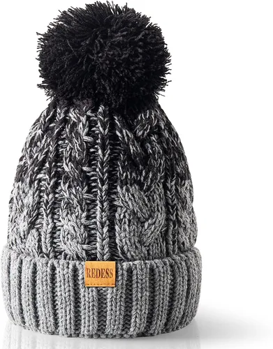 Vista 35 de Redess Gorro de invierno con pompón y forro polar cálido, grueso y holgado, tejido, para la nieve, para esquiar, para mujer Beige