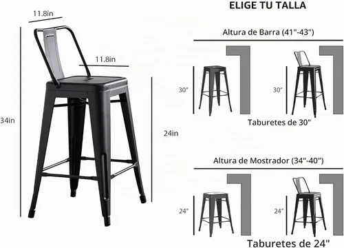 Vista 3 de AC Pacific Juego de 2 taburetes de metal de 24 pulgadas, estilo rústico campestre con respaldo bajo, construcción ligera y resistente, fácil