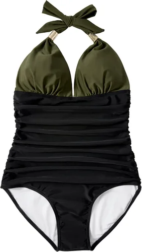 Vista 38 de RXRXCOCO - Traje de baño fruncido de una pieza, con cuello en V, para mujer, con control de abdomen y cuello halter