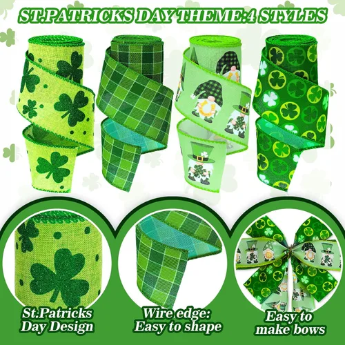Vista 3 de Whaline Cinta de borde con alambre del día de San Patricio, trébol verde, gnomo, tela a cuadros, para envolver manualidades irlandesas