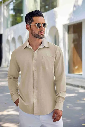 Vista 5 de COOFANDY Camisa de lino con botones para hombre, de manga larga, informal, para playa, con bolsillo