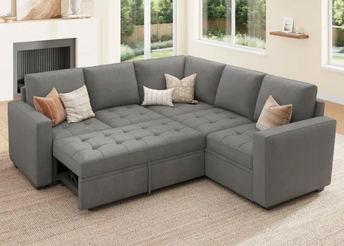 Vista 26 de HONBAY Sofá cama modular modular con cama extraíble, sofá en forma de L con asiento de almacenamiento, sofás seccionales para sala de estar, beige