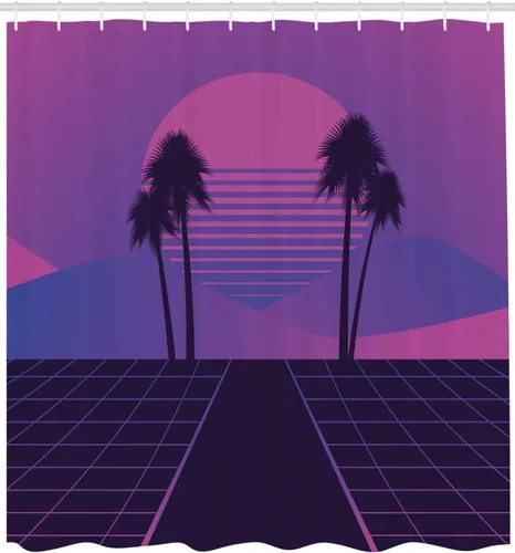 Vista 2 de Ambesonne Synthwave Shower Curtain, Abstract 80's Dreamy Art Sunset Palm Trees and Checks Illustration, Cloth Fabric Bathroom Decor Set with Hooks