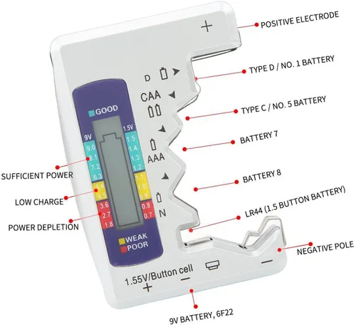Vista 4 de Pilipane AAA, versátil probador digital de capacidad de batería para baterías AA, D, C, N y 9V, pantalla LCD (plata)