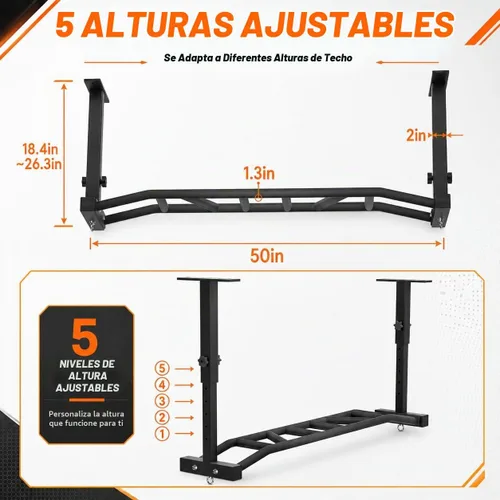 Vista 3 de Barra de dominadas de montaje en techo de 48 pulgadas, barra de dominadas de agarre múltiple resistente para garaje, gimnasio en casa