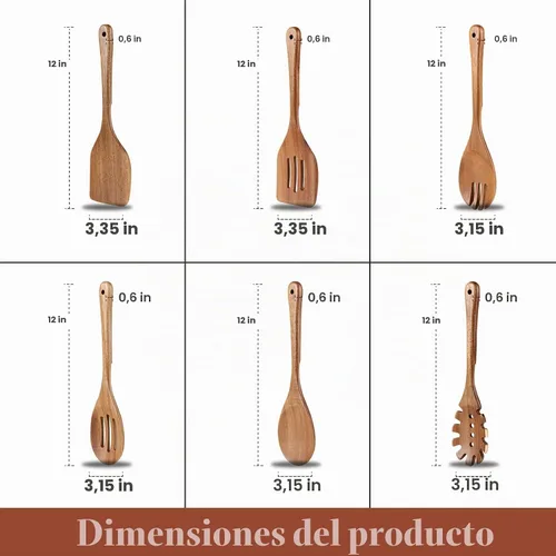 Vista 7 de Utensilios de cocina de madera, 6 piezas de cucharas de madera de acacia natural para cocinar con diseño antiadherente y resistente al calor, juego