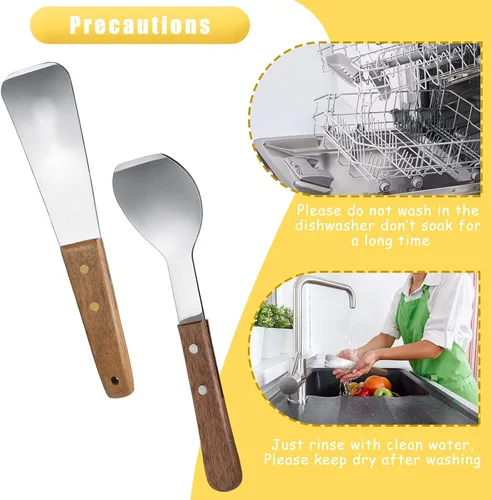 Vista 5 de Patelai 2 piezas de pala de helado de acero inoxidable con mango de madera, pala de mantequilla para postre, pala de metal plano para comedor