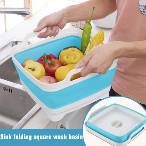 Vista 3 de ddLUCK Lavaplatos plegable con tapón de drenaje con asas de transporte para gran capacidad de 9 L, lavabo, tina plegable para fregadero de caravana