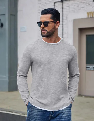 Vista 2 de COOFANDY Camisetas de manga larga para hombre, de algodón, con cuello redondo, con ribete de contraste Gris claro + ribete blanco