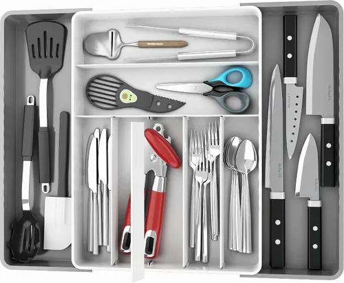 Vista 10 de Simple Houseware Organizador de cubiertos extensible para cajones de cocina, color negro, bandeja de cubiertos ajustable con 9 compartimentos