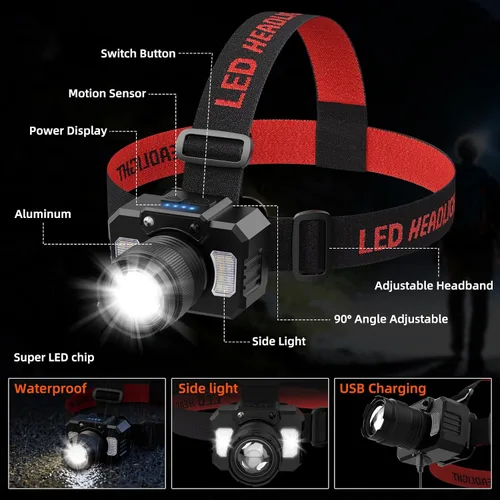 Vista 5 de Linterna Frontal Recargable de Alto Lumen, 1 Paquete de Lámpara de Cabeza Súper Brillante con Luz Lateral y Sensor de Movimiento, Luces de Cabeza
