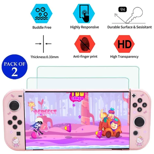 Vista 4 de Paquete de accesorios para Nintendo Switch OLED - Kit de accesorios Kawaii NS Oled rosa con funda de transporte de dibujos animados, funda