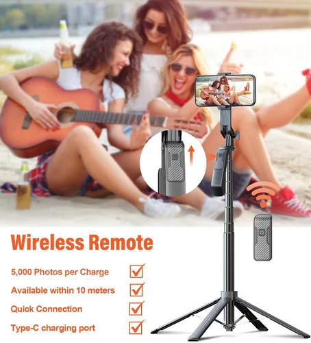 Vista 14 de Trípode para teléfono Selfie Stick - Soporte para teléfono celular de 71 pulgadas de alto con control remoto inalámbrico desmontable y 2 luces LED
