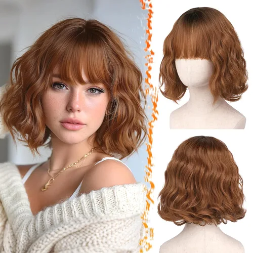 Vista 30 de BARSDAR Peluca corta ondulada con reflejos castaño, peluca corta ondulada con flequillo para mujer, gruesa, suave, sintética, texturizada, rizada