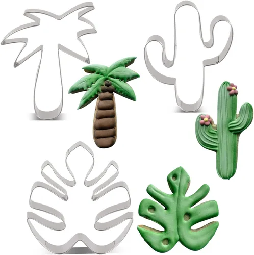 Vista 8 de LILIAO Juego de 3 cortadores de galletas tropicales de flamenco, palmera, cactus y hojas tropicales de Monstera - Cortadores de fondant de galletas