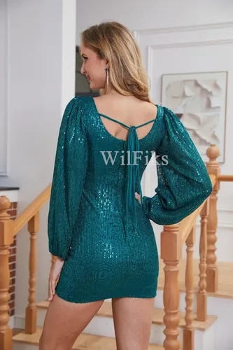 Vista 2 de WilFiks Vestidos de manga larga con lentejuelas para adolescentes 2024 con cuello cuadrado, vestidos ajustados de graduación, vestido corto