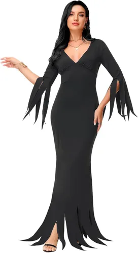 Vista 4 de AOBUTE Disfraz de Morticia de Halloween para mujer, vestido largo ajustado con cuello en V