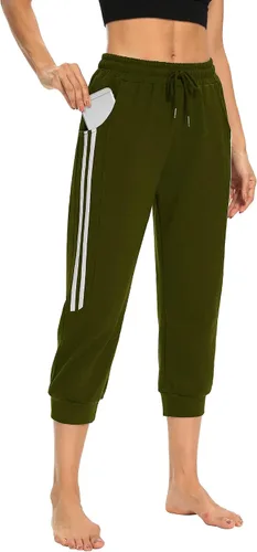 Vista 4 de KaiDi Pantalones capri de yoga para mujer, holgados, suaves, con cordón, pantalones de entrenamiento casuales con bolsillos (S, verde militar)