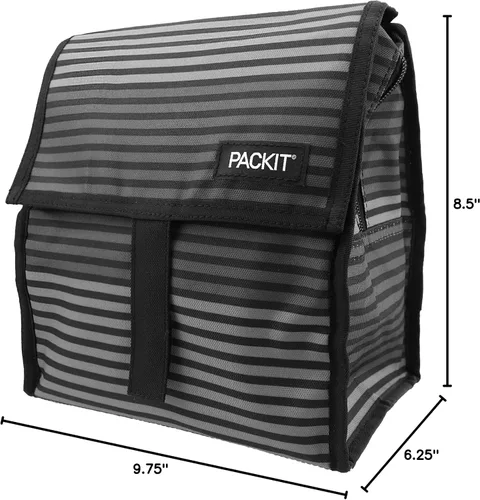 Vista 8 de PackIt Bolsa de almuerzo congelable a rayas grises con cierre de cremallera, 8 pulgadas y caja de aperitivos congelable, color negro