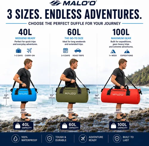 Vista 5 de Bolsa de lona impermeable Malo’o, bolsa de equipo resistente enrollable impermeable con correas para el hombro y bucles Molle, bolsa marina de lona