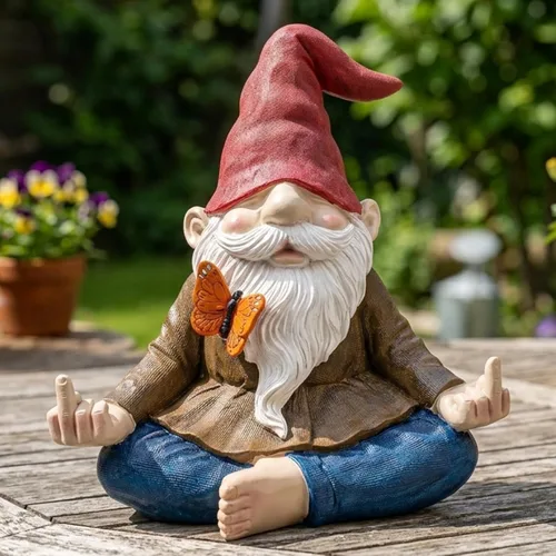 Vista 6 de Gran estatua de gnomo de jardín zen meditante, figura de dedo medio Naughty Angry Namaste de 9.5 pulgadas, divertida decoración de césped al aire