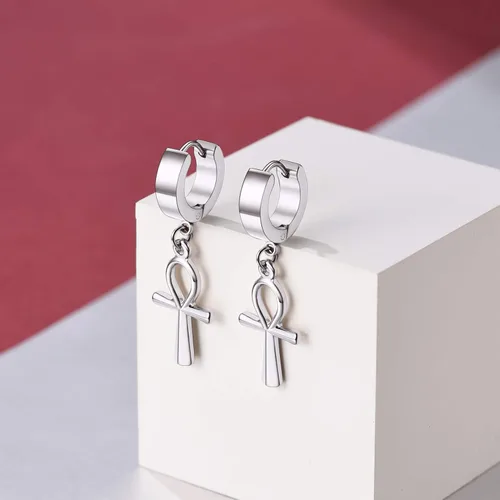 Vista 8 de FaithHeart Aretes de aro Huggie para mujer, acero inoxidable, chapado en oro de 18 quilates, aretes colgantes de gota de AnkhCrossCandkBocina