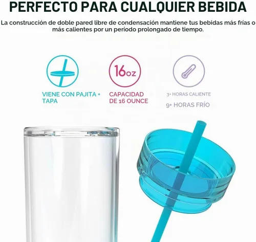 Vista 6 de Maars - Vaso térmico de acrílico delgado transparente con tapa y pajilla 16 onzas de plástico acrílico premium, de doble pared, aislante