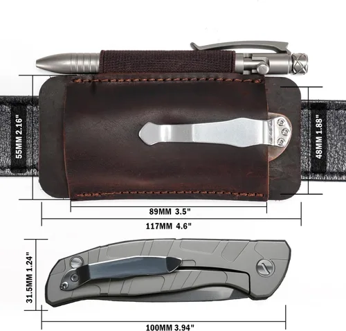Vista 5 de Funda de cuchillo de cuero VIPERADE PJ33 para cinturón, funda de navaja de bolsillo horizontal con soporte elástico para bolígrafos, funda de Marrón