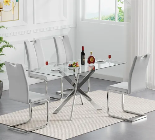 Vista 17 de Henf Juego de mesa de comedor de 5 piezas para 4, mesa de comedor rectangular de 51 pulgadas y 4 sillas de comedor de poliuretano gris carbón, mesa