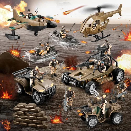 Vista 6 de Conjunto de juguetes de hombres del ejército de 78 en 1 con camión militar realista/helicóptero/barco kayak/motocicleta/figuras de acción de hombres