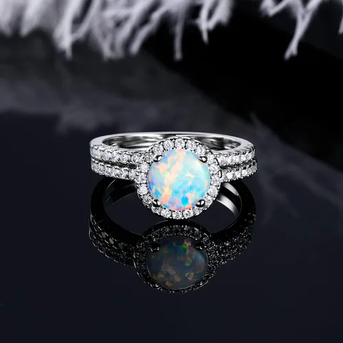 Vista 5 de MDFUN - Anillo de compromiso con halo de ópalo para mujer, anillo de circonia cúbica creado de 2 en 1, chapado en oro blanco de 18 quilates, anillos