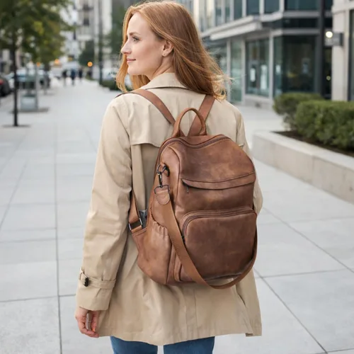 Vista 2 de Mochila antirrobo para mujer, mochila convertible 3 en 1 de cuero vegano con cremallera oculta, hombro ajustable y bolsa cruzada para viajes