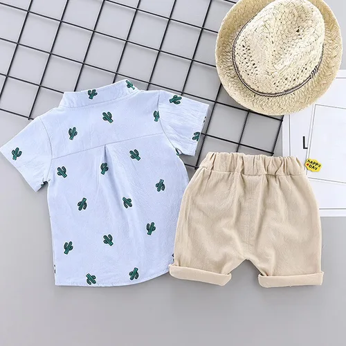 Vista 3 de Ropa de bebé niño, conjunto de 2 piezas con estampado de cactus, ropa casual para el verano (celeste, 6-12 meses)