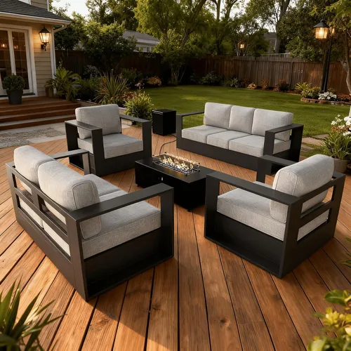 Vista 54 de LayinSun - Juego de muebles de exterior de aluminio de gran tamaño de 5 piezas con mesa auxiliar Negro/Gris oscuro