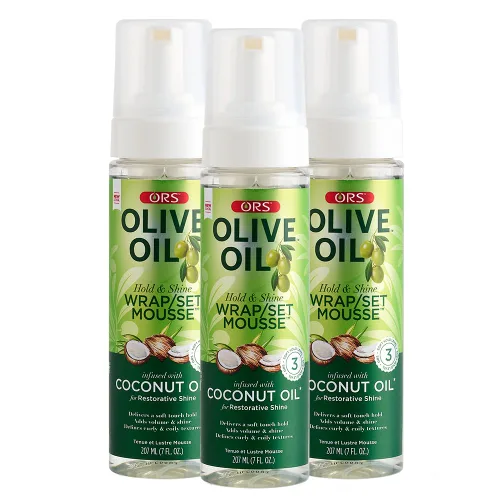 Vista 11 de ORS Set de envoltura de aceite de oliva Hold & Shine Mousse infundida con aceite de coco para un brillo reparador, 7 onzas