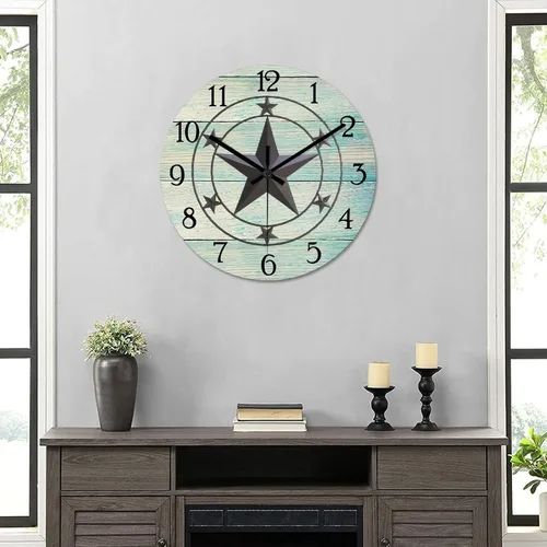 Vista 6 de Reloj de pared antiguo con estrella del oeste de Texas vintage, reloj de madera sin tictac, silencioso funciona con pilas, fácil de leer, reloj