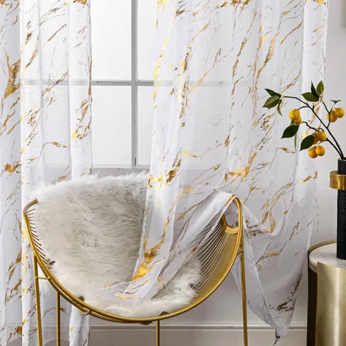 Vista 13 de Cortinas Transparentes Beige con Estampado de Lámina de Mármol Dorado de 63 Pulgadas de Largo para Cuarto de Bebé, Paneles de Ventana con Bolsillo