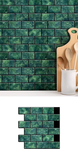 Vista 6 de Mosaicowall Azulejos 3D autoadhesivos para cocina, baño y tocador, 10 hojas de azulejos verdes para salpicar y pegar en muros, paneles de pared