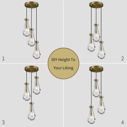 Vista 7 de Lámpara colgante de latón de 3 luces para isla de cocina, lámpara colgante de racimo de lluvia, lámpara de techo de cristal con cuerda ajustable