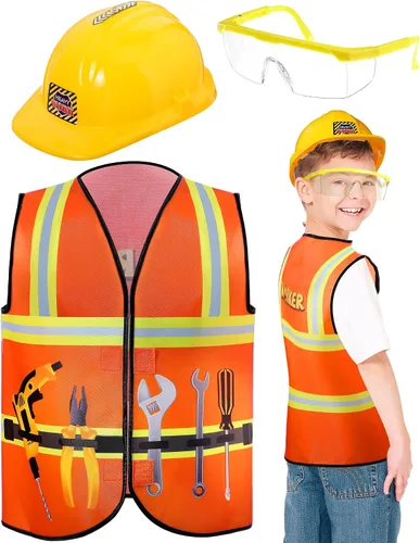 Vista 8 de Handepo Disfraz de trabajador de la construcción con sombrero duro, chaleco de construcción, gafas, conjunto de disfraz para fiesta de cumpleaños